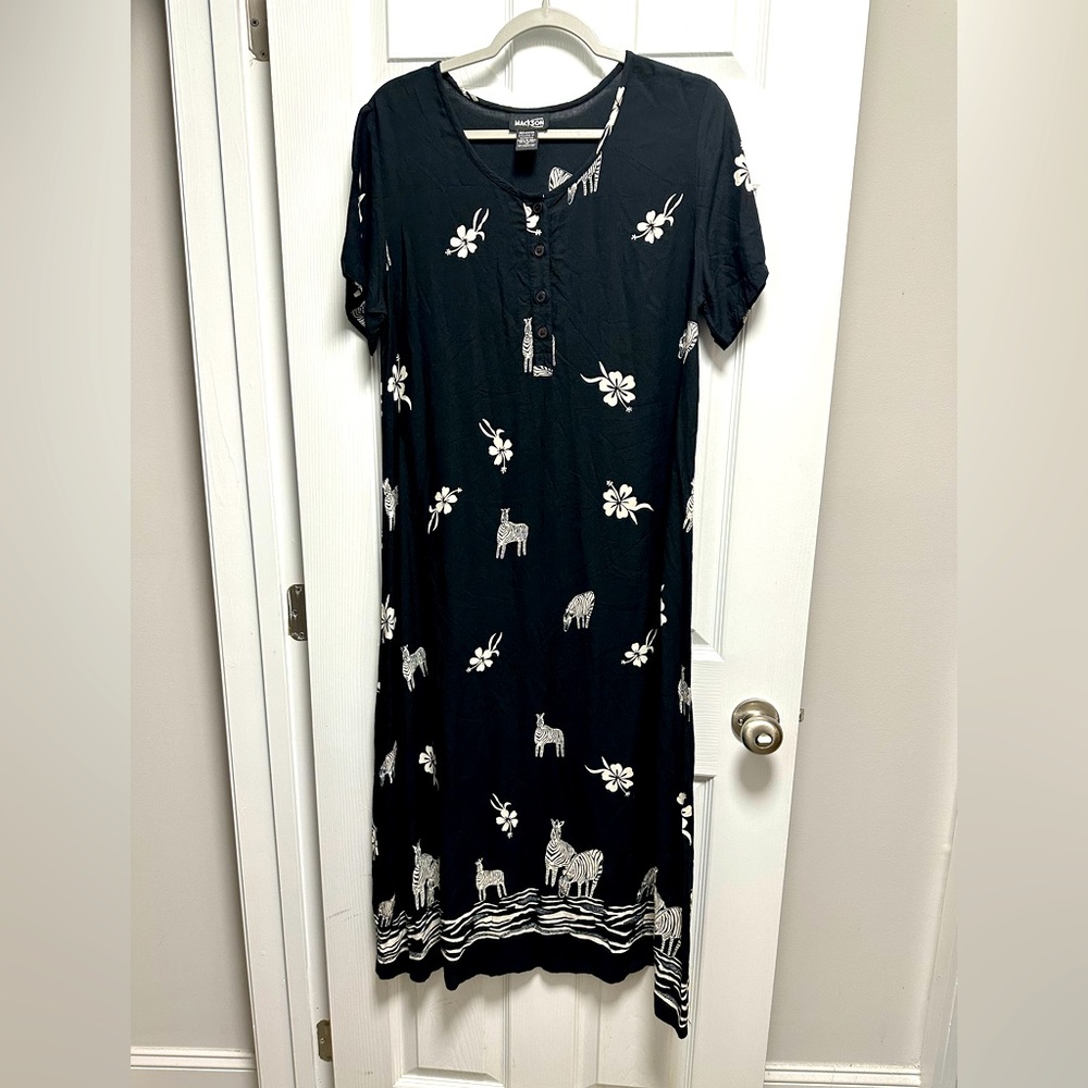 Vintage 90s/y2k zebra flower MACKSON size M maxi button front dress